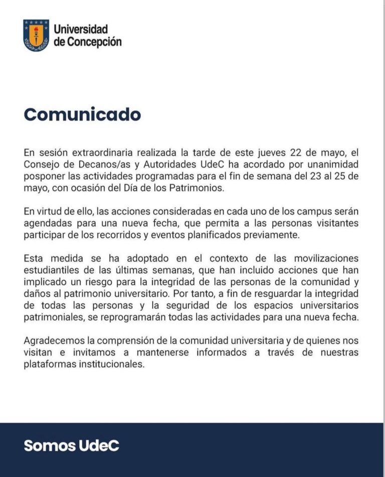 UdeC comparte comunicado sobre postergación de actividades del Día del Patrimonio
